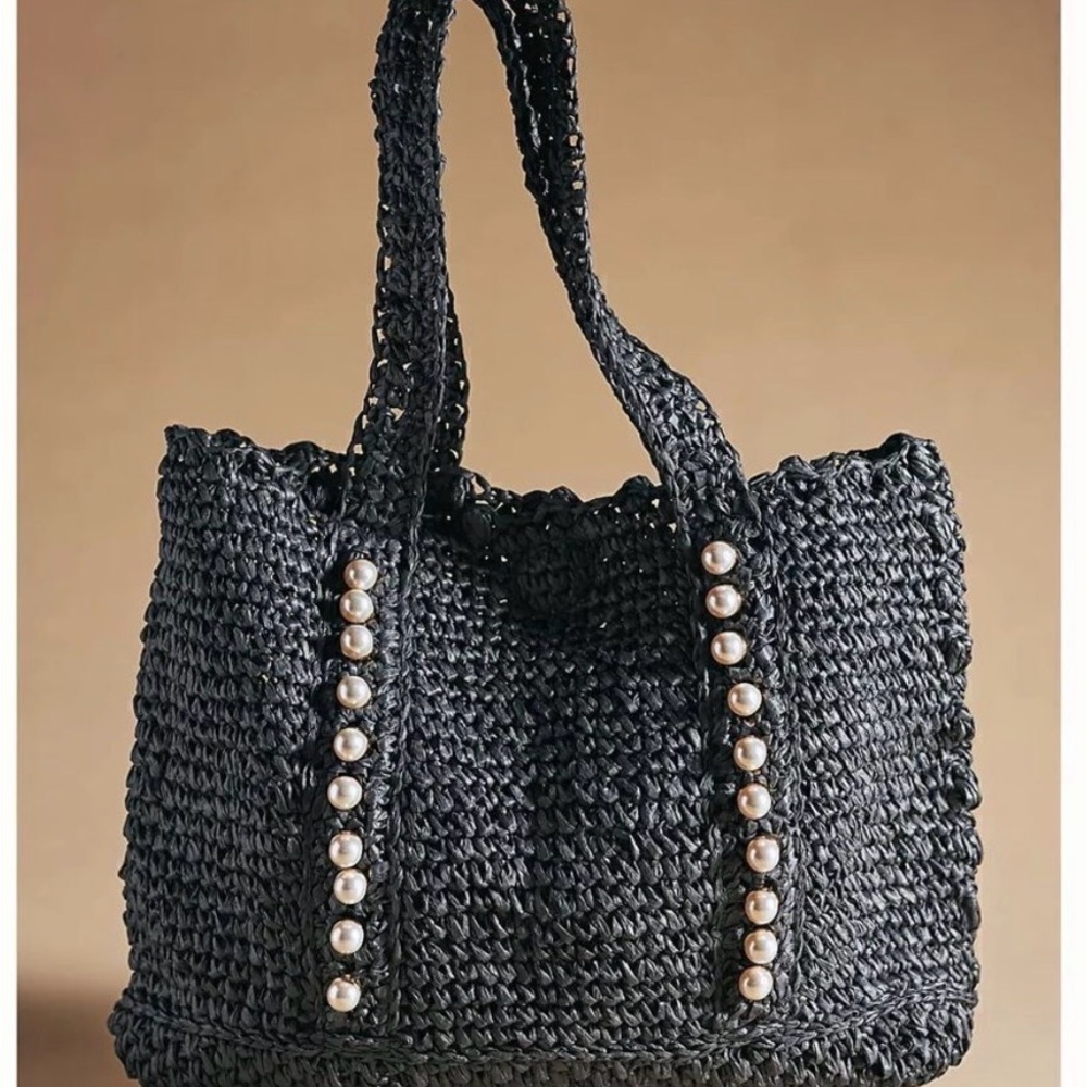Anthropologie btb Los Angeles Lisbeth Black Pearl-Trim Straw Tote Bag